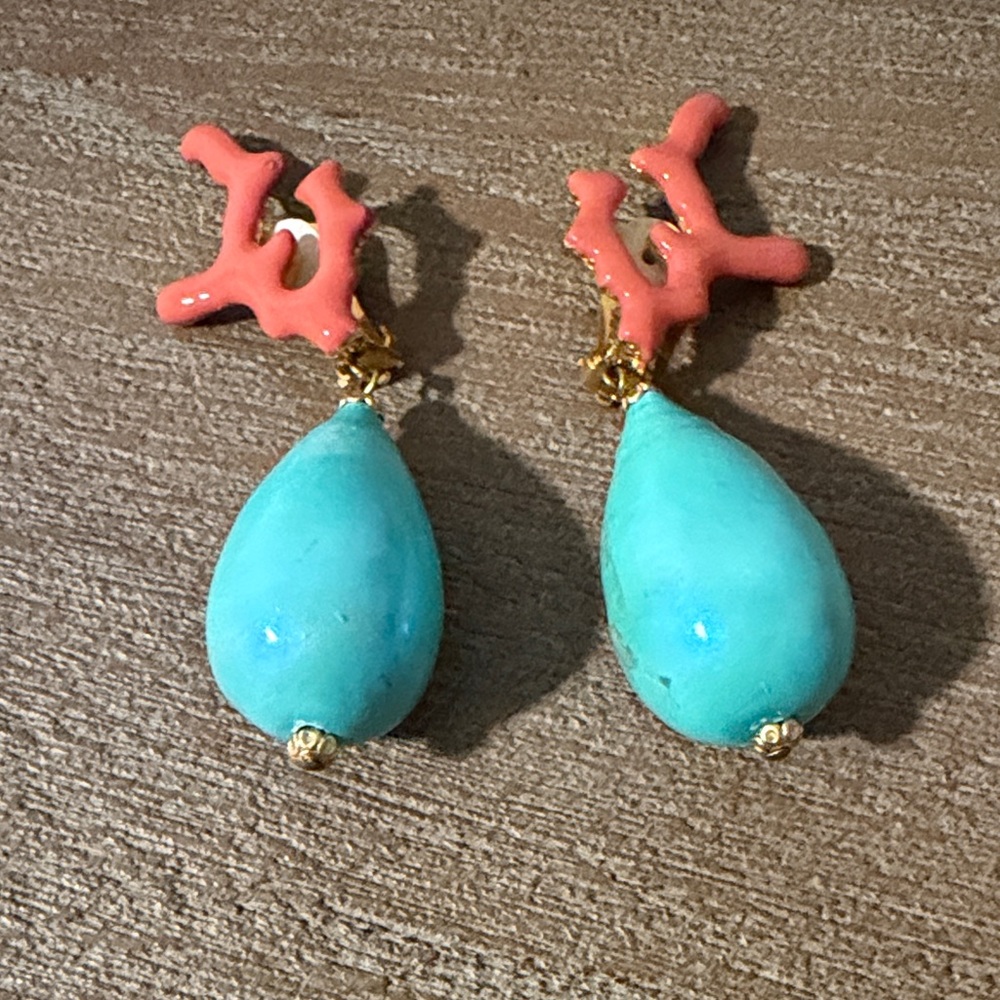 Turquoise Teardrop & Coral Branch Statement Earrings - Women Jewelry